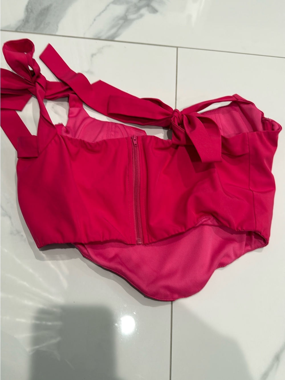 Hot Pink Tie-Shoulder Bikini Top with Front Zip